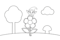 An elf peeking out from behind a flower with pointy ears – Enchanted Magic Folk Fairytale Characters coloring page