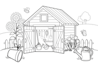 A garden shed with tools hanging inside – Garden & Gardening coloring page