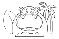 One big hippo face up close, filling the page, huge nostrils and tiny ears – Safari & Jungle Wild Animals coloring page