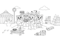 A masked crowd celebrating and eating pancakes at a snowy winter fair – Pancake Day Winter Treat coloring page