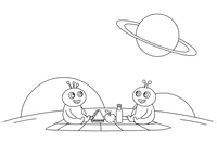 Aliens having a picnic on their colorful planet – Friendly Alien coloring page