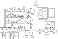 The inside of a cozy bakery with shelves of bread and a baker – Classic Bakery & Bread coloring page