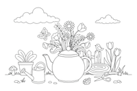 A teapot used as a vase with wildflowers in it – Spring Bouquet Flower coloring page