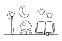 A magic set: a wand, a crystal ball and a spell book – Enchanted Magic Item coloring page