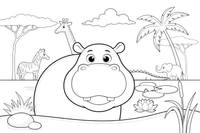 One big hippo face up close, filling the page, huge nostrils and tiny ears – Safari & Jungle Wild Animals coloring page