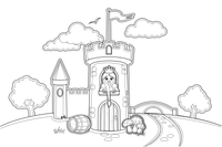 A tall castle tower with a princess leaning out and her long braid hanging down – Castle coloring page