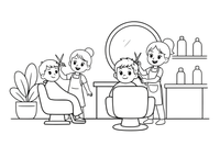 A busy salon with styling stations, mirrors and people getting haircuts – Hair Salon coloring page