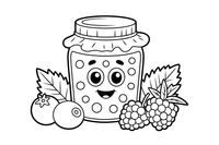 A jar of berry jam with fresh berries beside it – Juicy Berries coloring page