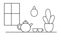 A round teapot with two matching cups – Cozy Kitchen Cooking coloring page