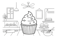 A cupcake with a swirl of frosting – Cozy Bakery Place coloring page