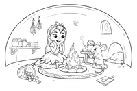 Thumbelina sitting by a cozy fire in the field mouse's burrow – Thumbelina Story coloring page