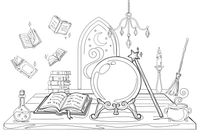 A magic set: a wand, a crystal ball and a spell book – Enchanted Magic Item coloring page