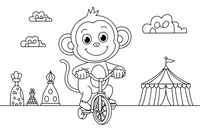 A monkey riding a little unicycle – Colorful Circus Tent coloring page