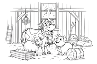 Farm animals in a barn at night looking up, with stars shining through the window – Christmas Eve coloring page
