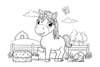 A pony with a braided mane and bow, close up – Ponies coloring page