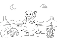 A friendly Martian waving from behind a rock – Mars coloring page