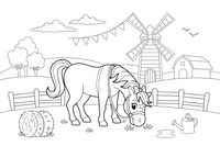 Horse grazing near a windmill – Galloping Horse Farm coloring page