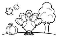 A friendly turkey with big fanned tail feathers standing in a field – Thanksgiving Autumn coloring page