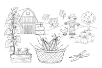 Hands gathering bean pods into a basket – Autumn Harvest coloring page