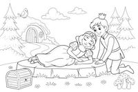 Snow White lying peacefully asleep as a kind prince leans down to kiss her – Snow White Story coloring page