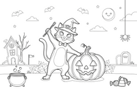 Halloween a black cat with a pumpkin – Halloween Autumn Night coloring page