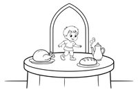 Jack tiptoeing across the giant's huge table – Jack and the Beanstalk Story coloring page