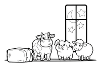 Farm animals in a barn at night looking up, with stars shining through the window – Christmas Eve coloring page