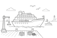A big passenger ship docked at the harbor – Travel & Journeys Place coloring page