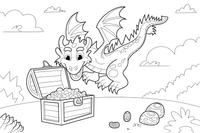 Dragon peeking into an open treasure chest – Dragon Magical Dragon Soaring coloring page