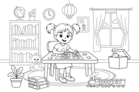 A girl doing a puzzle at the table – Kids' Activities coloring page