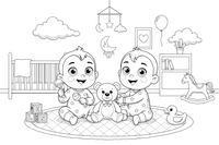 Two cute babies (twins) sitting side by side – Baby coloring page