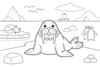 A walrus with two big tusks on the ice – Arctic Animals coloring page