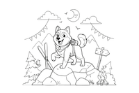 Husky standing on a rocky mountain top – Husky Dog Playtime coloring page