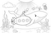 A submarine passing by a giant whale – Majestic Ocean Giants coloring page