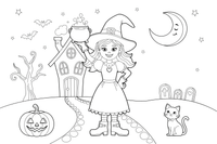 A witch in front of a haunted house – Witch coloring page