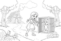 Gretel opening a cage door to free her brother – Hansel and Gretel Story coloring page