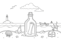 A glass bottle with a rolled-up message inside, floating on the waves – Shells & Treasures Collection coloring page