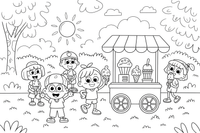 A sunny park scene with an ice cream cart and children with cones – Frozen Treats Ice Cream coloring page