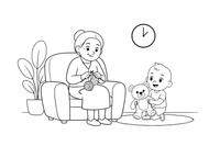 A grandma knitting while a child plays – Happy Family Moments coloring page