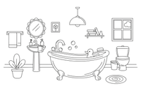 A bathroom with a bathtub, sink and mirror – Around the House Object coloring page