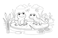 A friendly frog and a lizard sitting together on a lily pad – Reptiles & Amphibians coloring page