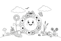 A round flower wreath made of daisies, poppies and cornflowers – Herb Day coloring page