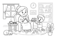 A grandma knitting while a child plays – Happy Family Moments coloring page