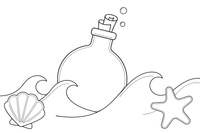 A glass bottle with a rolled-up message inside, floating on the waves – Shells & Treasures Collection coloring page