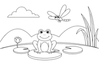 A pond scene with lily pads, reeds, a frog and a dragonfly – Water Plants coloring page