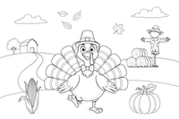 A friendly turkey with big fanned tail feathers standing in a field – Thanksgiving Autumn coloring page
