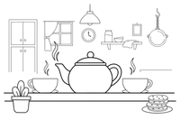 A round teapot with two matching cups – Cozy Kitchen Cooking coloring page