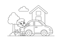 A child washing the car with a bucket and sponge – Chores & Helping coloring page