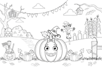 Pumpkin growing on a vine in the garden – Halloween Autumn Creatures coloring page