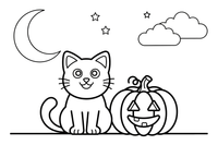 Halloween a black cat with a pumpkin – Halloween Autumn Night coloring page